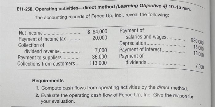  E11-25B. Operating activities-direct method (Learning Objective 4) 10-15 min. The accounting