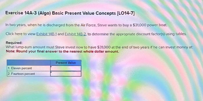  Exercise 14A-3 (Algo) Basic Present Value Concepts [LO14-7] In two years,