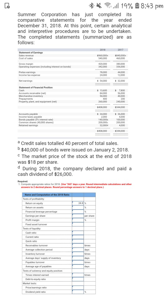 Please show the work :) ** 19% 08:43 pm Summer Corporation has