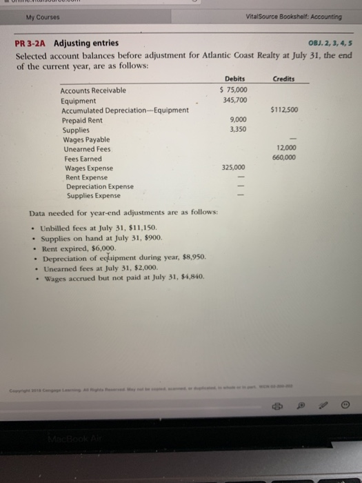 PR 3-2A Adjusting entries Selected account balances before adjustment for Atlantic Coast