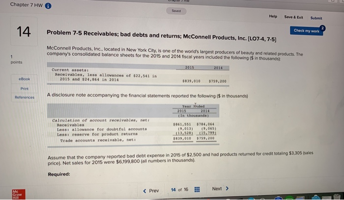  please show steps Chapter 7 HW 6 Saved Help Save &Exit