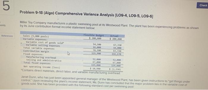  5 Check Problem 9-18 (Algo) Comprehensive Variance Analysis (L09-4, LO9-5, LO9-6]