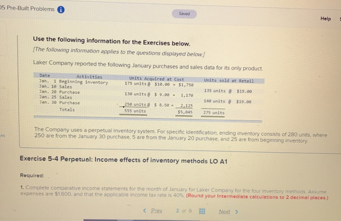  5 Pre-Built Problems Saved Help Use the following information for the