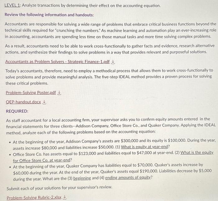  LEVEL 1: Analyze transactions by determining their effect on the accounting