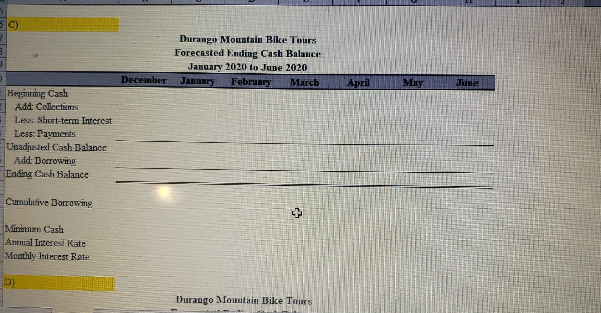 Tours Forecasted Ending Cash Balance January 2020 to.June 2020 Durango Mountain Bike