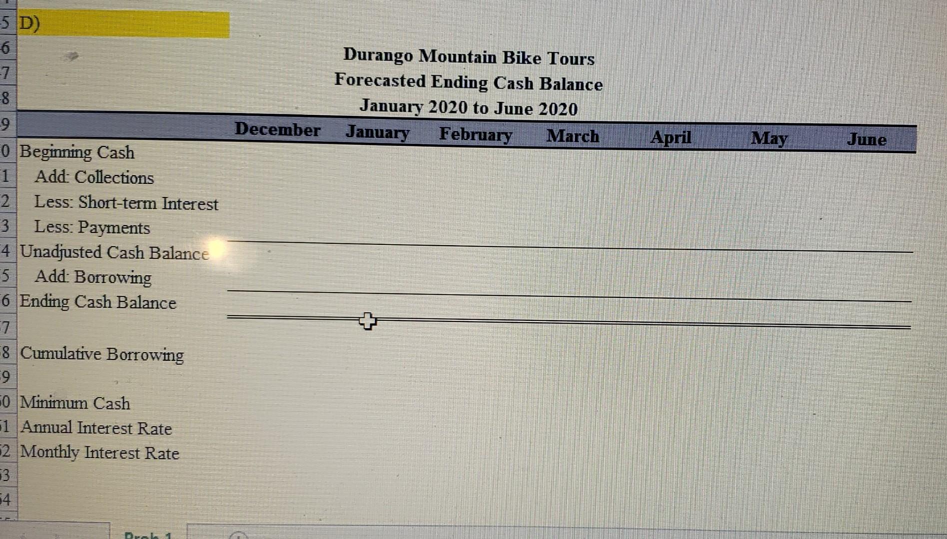 Tours Forecasted Ending Cash Ehance January 2020 to June 2020 Durango Mountain