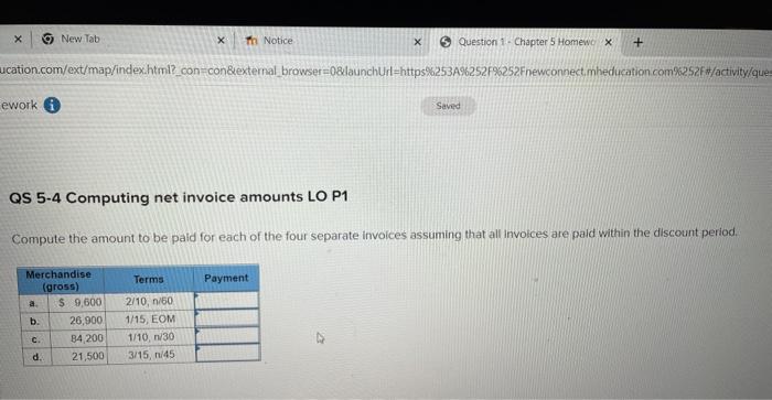  QS 5-4 Computing net invoice amounts LO P1 Compute the amount