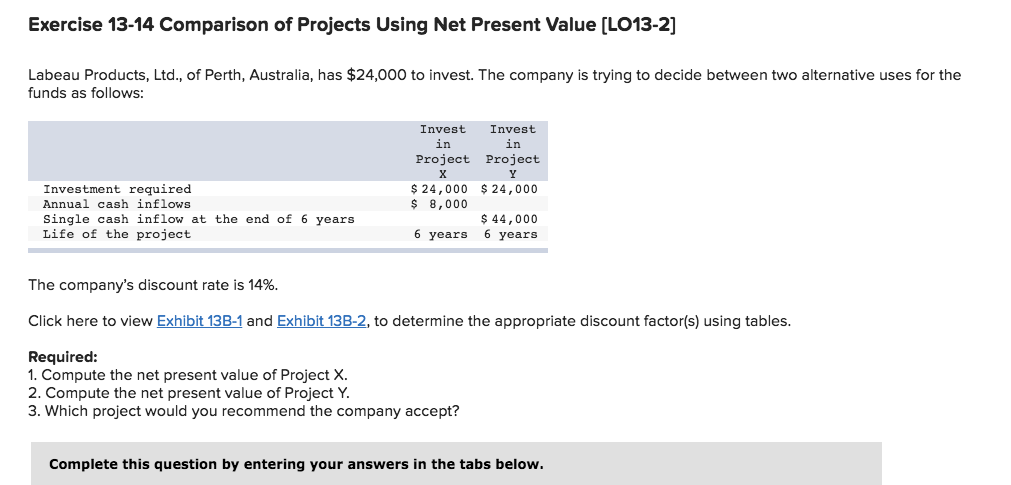  Exercise 13-14 Comparison of Projects Using Net Present Value [LO13-2] Labeau