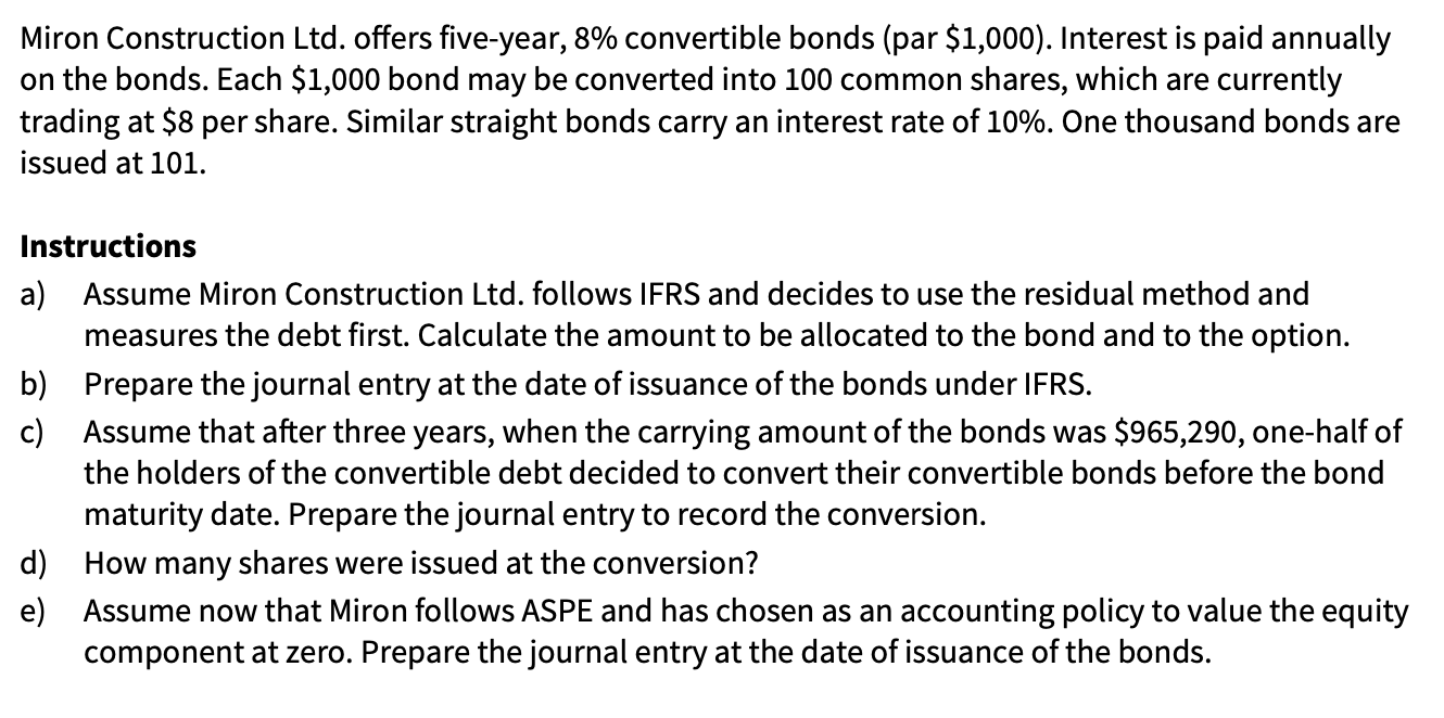  Miron Construction Ltd. offers five-year, 8% convertible bonds (par $1,000). Interest