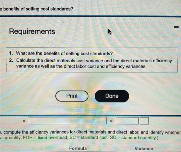 variance and the direct materials efficiency variance as wol as the direct