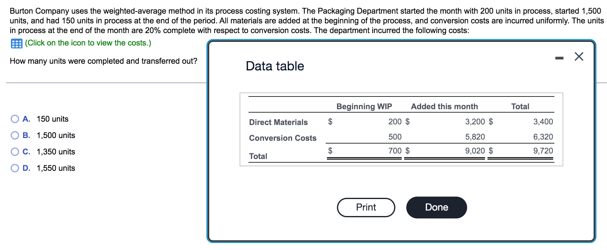  Burton Company uses the weighted-average method in its process costing system.