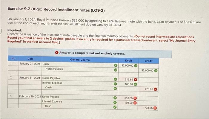  Exercise 9-2 (Algo) Record installment notes (LO9-2) On January 1, 2024,