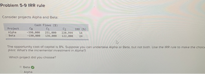 Problem 5-9 IRR rule Consider projects Alpha and Beta: Project Alpha