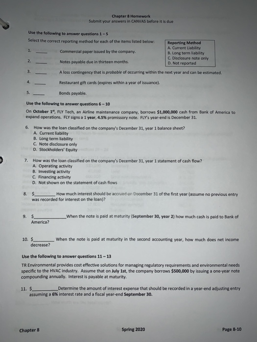  Chapter 8 Homework Submit your answers in CANVAS before it is