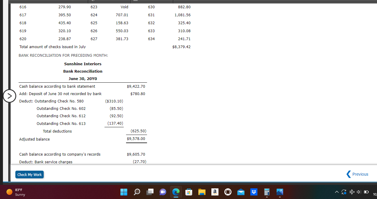 and Entries CASH ACCOUNT: Balance as of July 1 $9,578.00 CASH RECEIPTS