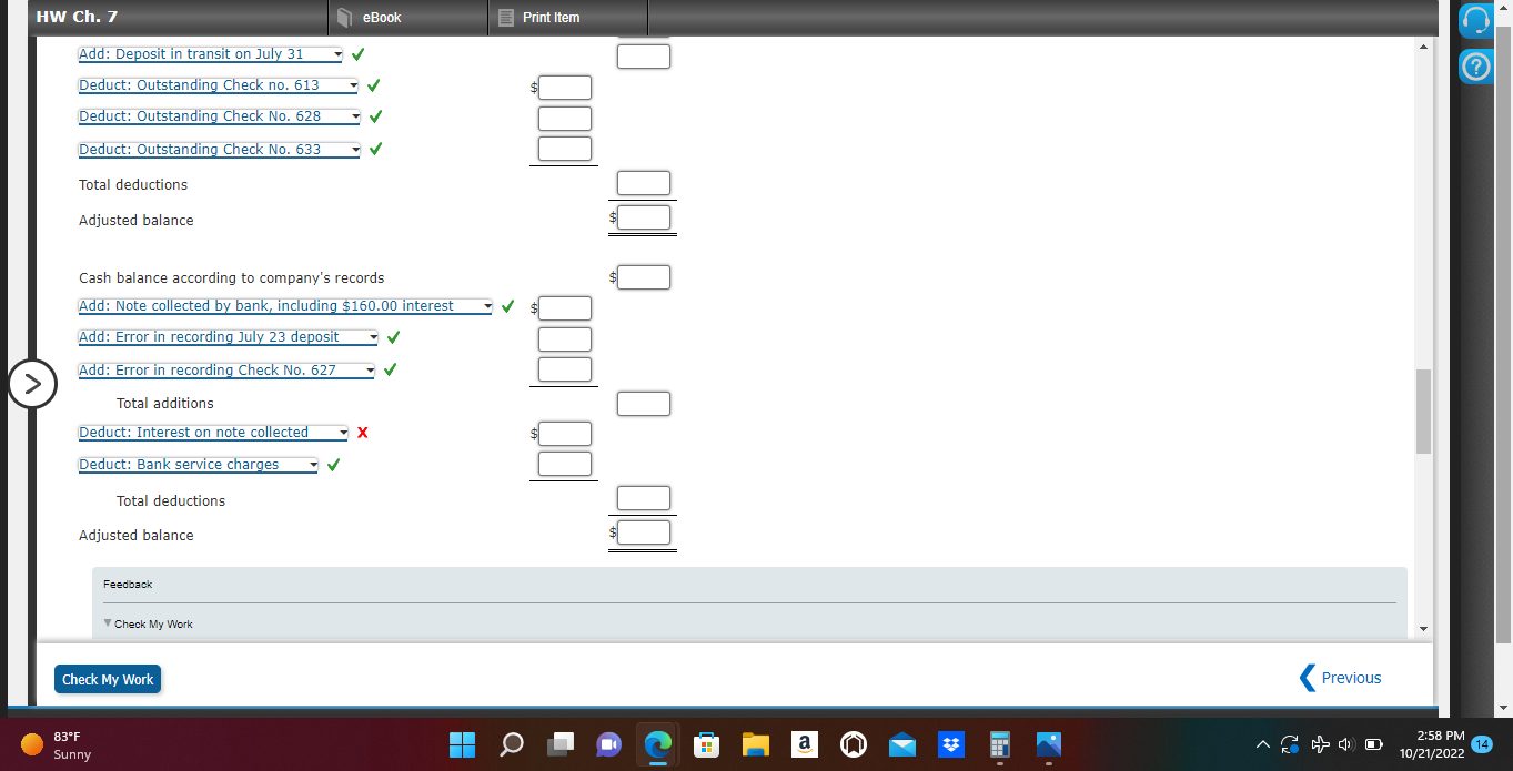 issued in July: BANK RECONCILIATION FOR PRECEDING MONTH: Sunshine Interiors cash sales.