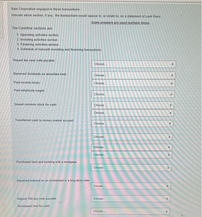  Bain Corporation engaged in these transactions. Indicate which section, if any.