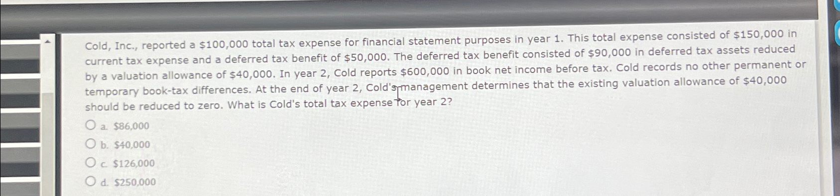  Cold, Inc., reported a $100,000 total tax expense for financial statement