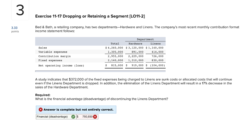 3 Exercise 11-17 Dropping or Retaining a Segment [LO11-2] 3.33 points