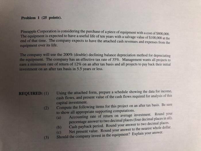  Problem 1 (25 points). Pineapple Corporation is considering the purchase of