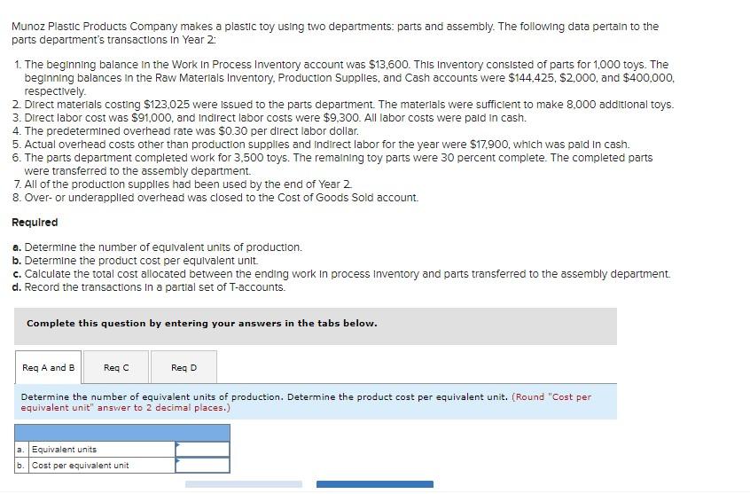  Munoz Plastic Products Company makes a plastic toy using two departments: