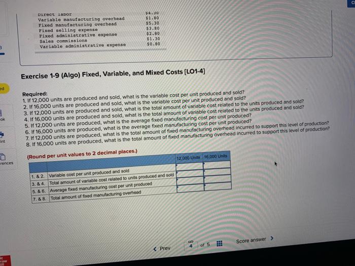 Required information Cost Classifications (Algo) [The following information applies to the questions