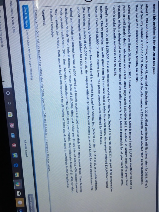  is problem is for the 2018 tax year. Alfred E. Old