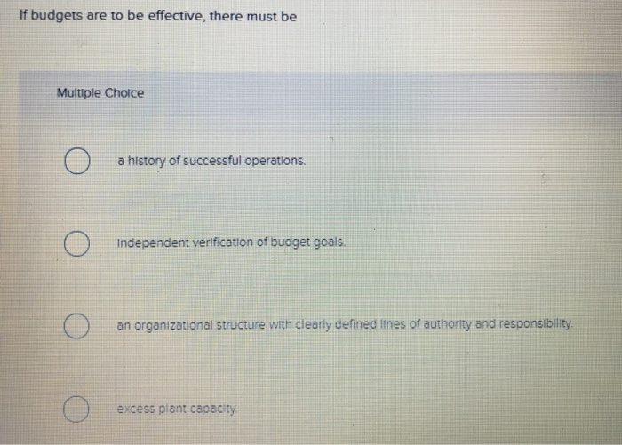  If budgets are to be effective, there must be Multiple Choice