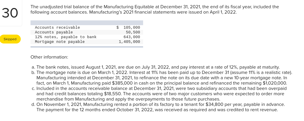 please, answer the question below. 30 The unadjusted trial balance of the