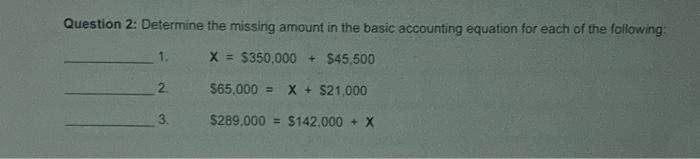 need help Question 2: Determine the missing amount in the basic accounting