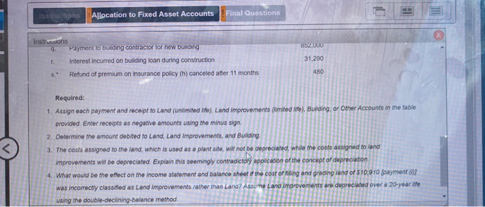 Questions Instructions The following payments and receipts are related to land, land