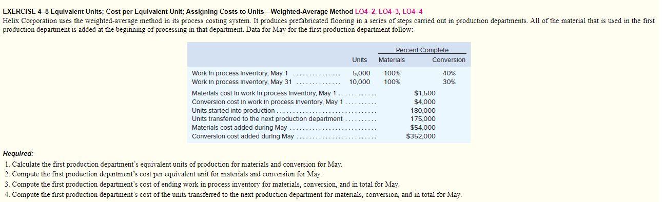 EXERCISE 4-8 Equivalent Units; Cost per Equivalent Unit; Assigning Costs to