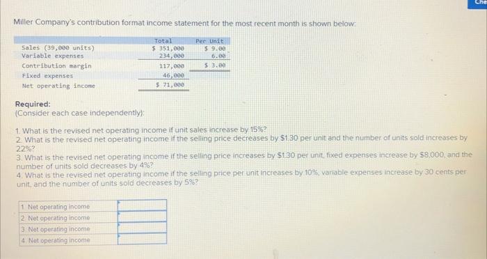  Miller Company's contribution format income statement for the most recent month