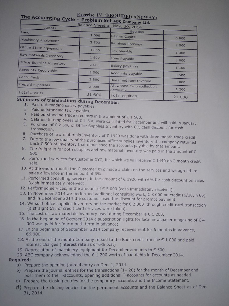  Exercise IV (REQUIRED ANYWAY) The Accounting Cycle - Problem Set ABC