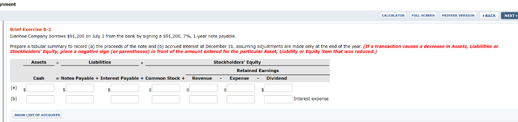  nment CALCULATOR FULL SCREEN PRINTER VERSION BACK NEXT Brief Exercise 8-2