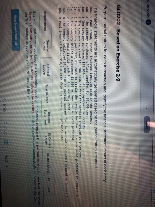  rk GL0202 Based on Exercise 2-9 Prepare journal entries for each