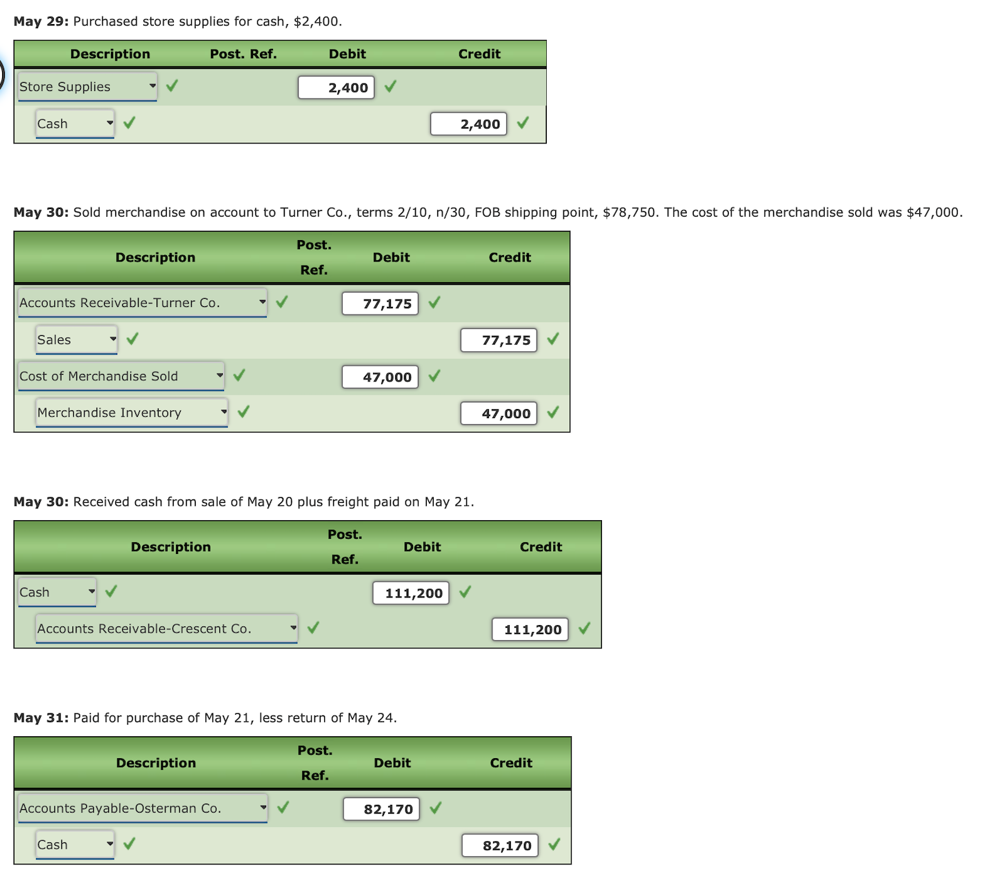 shipping point, \$36,000. May 4: Paid freight on purchase of May 3,