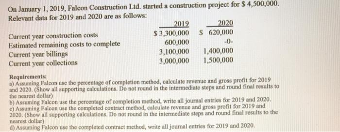  On January 1, 2019, Falcon Construction Ltd. started a construction project