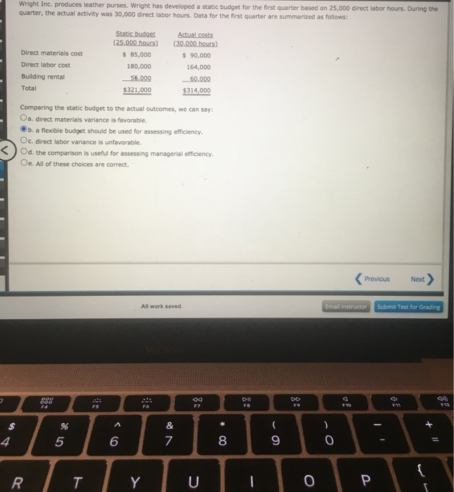  Wright Inc. produces leather purses. Wright has developed a static budget