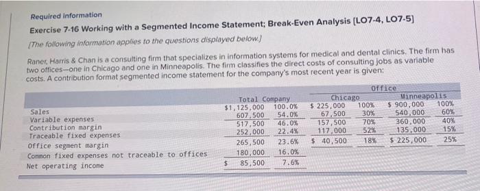  Required information Exercise 7-16 Working with a Segmented Income Statement; Break-Even