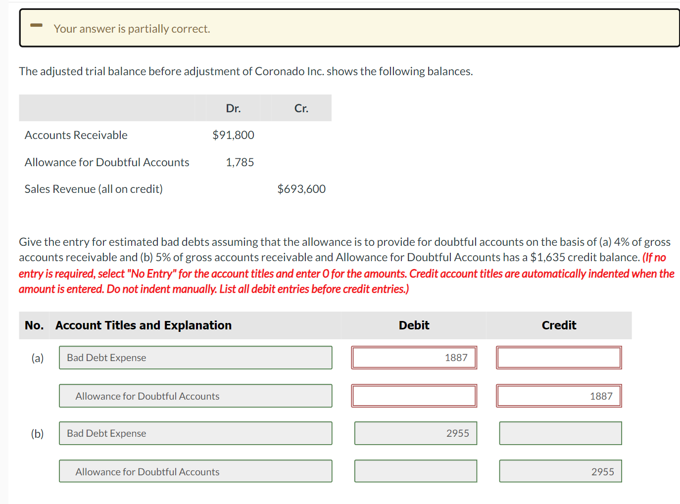  Your answer is partially correct. The adjusted trial balance before adjustment
