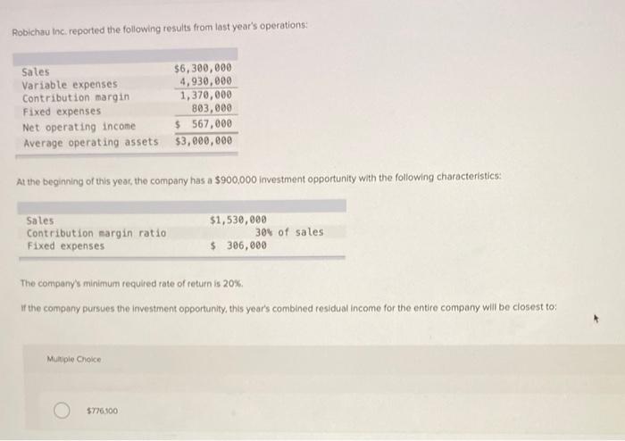 from last year's operations Sales $6,300,000 Variable expenses 4,930,000 Contribution margin 1,370,000