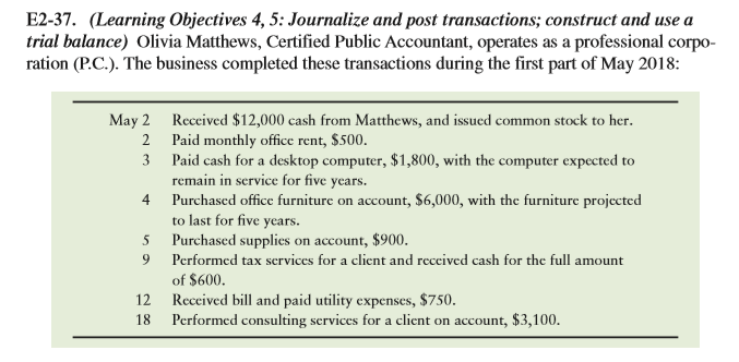 E2-37. (Learning Objectives 4, 5: Journalize and post transactions; construct and