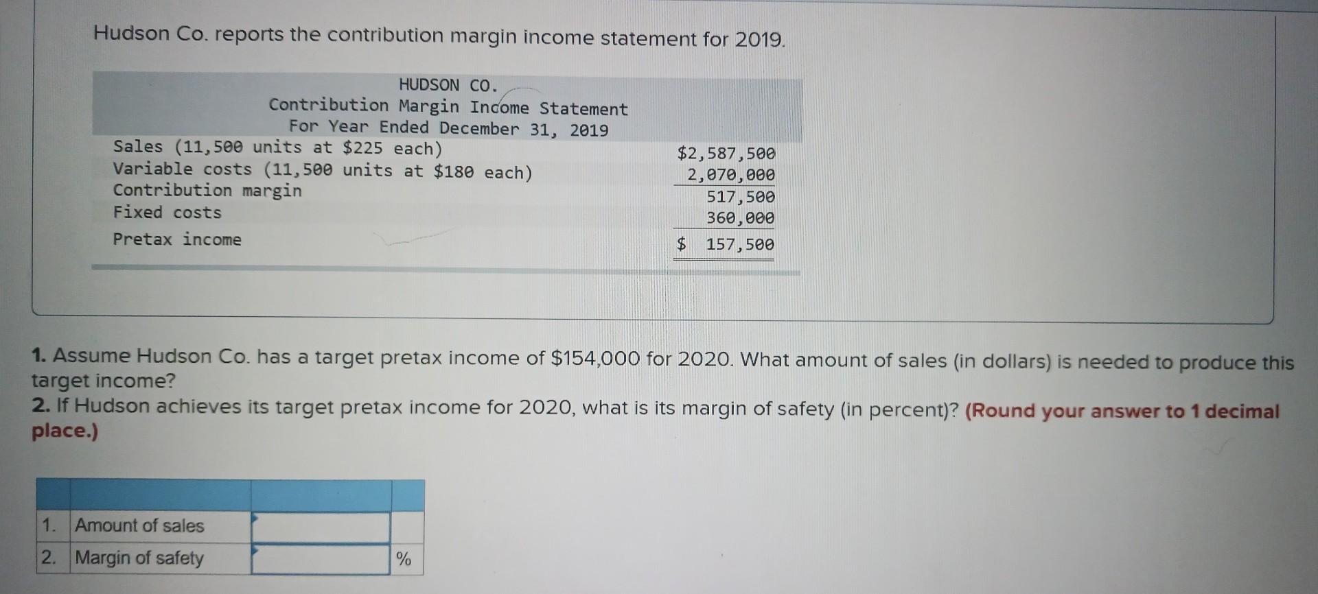 Hudson Co. reports the contribution margin income statement for 2019. 1.