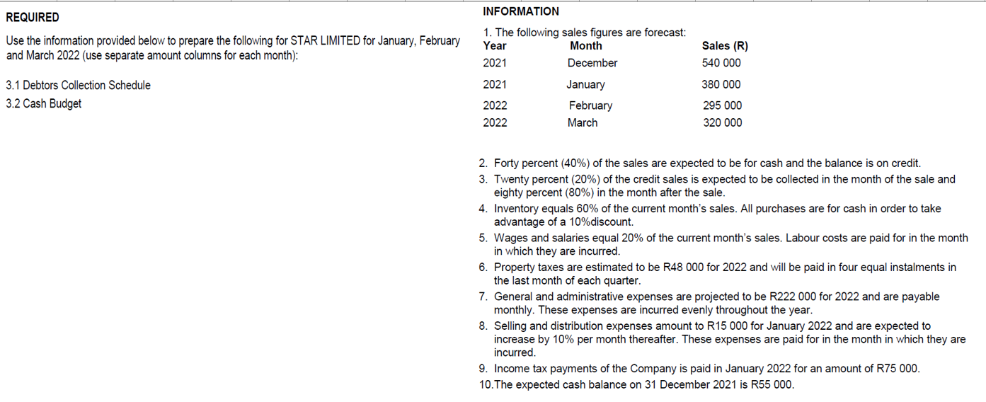  REQUIRED INFORMATION Use the information provided below to prepare the following