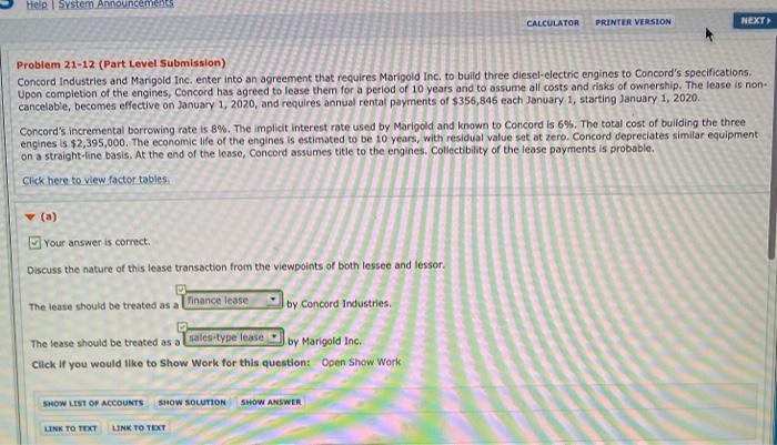  Help System Announcements CALCULATOR PRINTER VERSION NEXT Problem 21-12 (Part Level