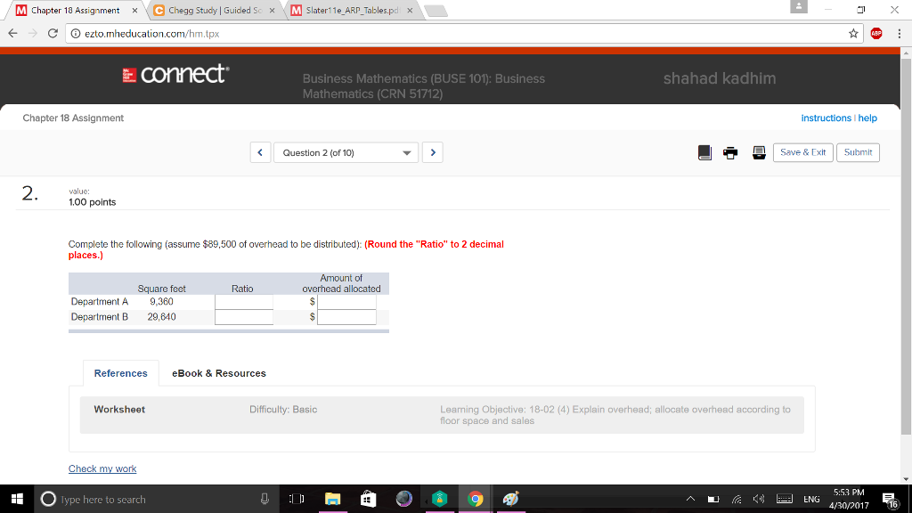 Slate e ARP Tabl pd x c ezto.rnheducation.com/hm.tpx Business Mathematics (BUSE 101):