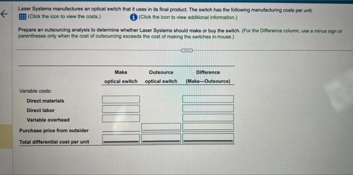 help:) Laser Systems manulactures an optical switch that it uses in its