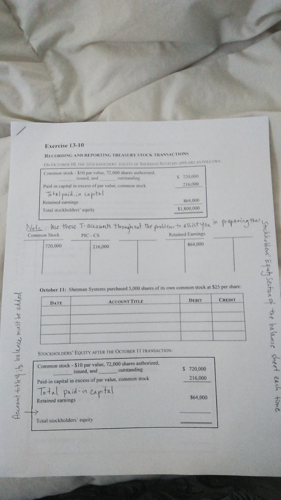 stockholders' equity of Sherman Systems appears as follows: Exercise 13-10 Recording and