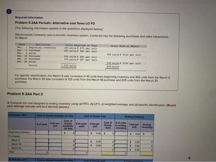  Required information Problem 5-2AA Periodic: Alternative cost flows LO P3 The